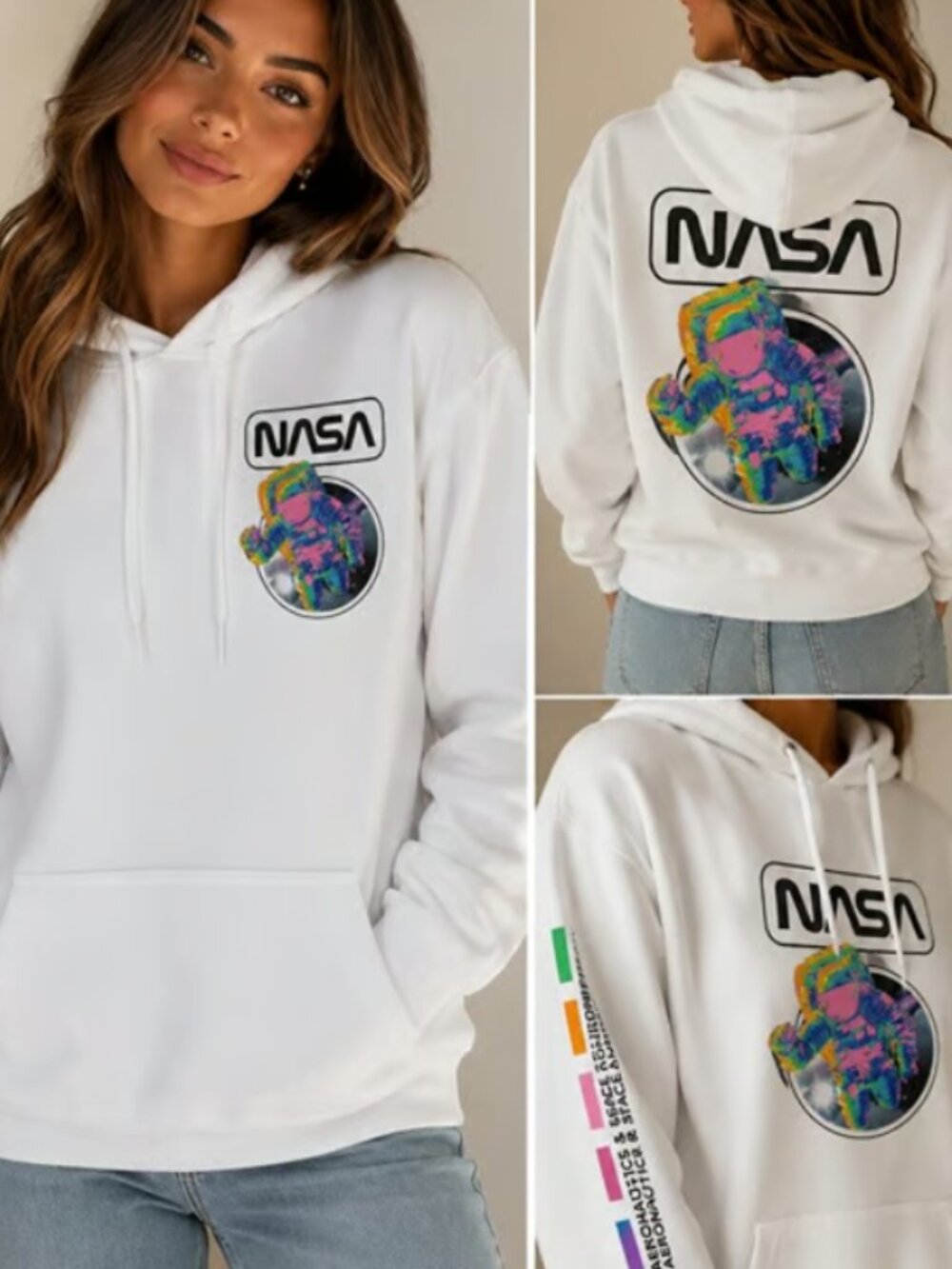 Hyper Space NASA Astronaut Graphic Hoodie White Size Large